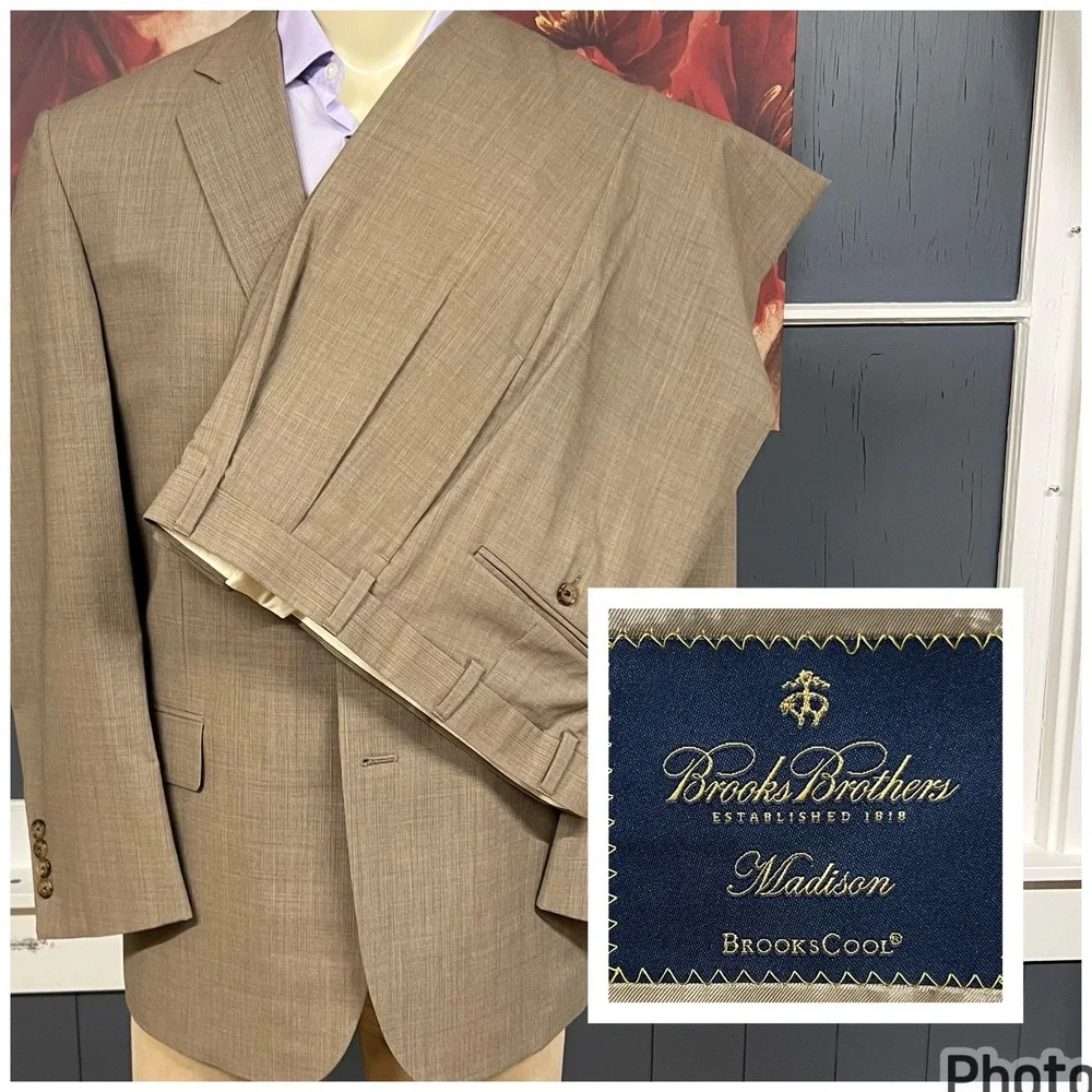 Brooks Brothers Suit Mens 43R Wool Pleated Pants 37x32 (Unhemmed) Tan